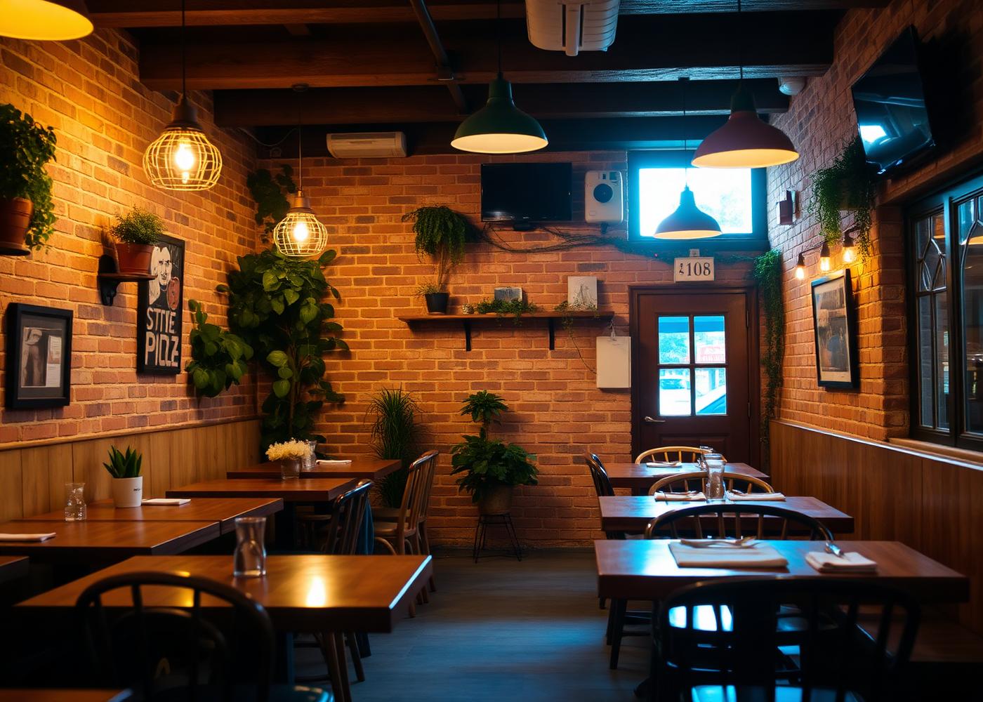Mysig pizzeriainteriör med trämöbler och tegelvägg